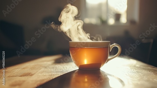Warm cup of tea on a wooden table with steam rising in a cozy and inviting atmosphere during golden hour