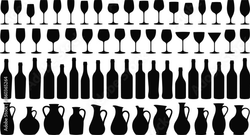 Wine glasses bottles and pitchers silhouettes collection showing bar drinkware shapes, black alcohol glassware icons set isolated vector