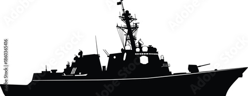 Modern military warship silhouette isolated on white background showing naval destroyer profile for defense, maritime security, and armed forces concepts