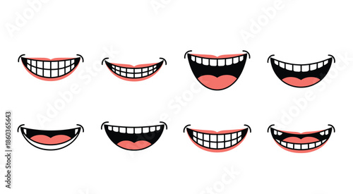 Smiling mouths collection with transparent background, vector set featuring various expressions, ideal for emojis, emoticons, social media graphics, messaging apps, digital design,