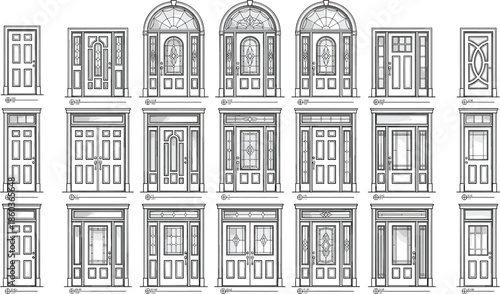 Classic architectural door sketches collection featuring vintage wooden entrances detailed line art illustrations for building facade and exterior design projects
