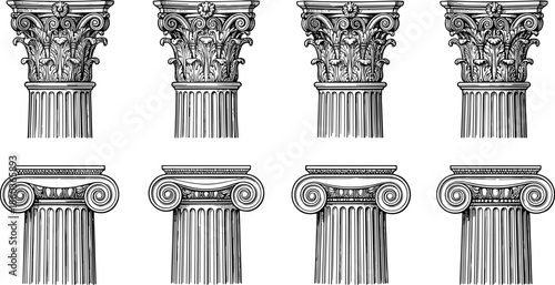 Classical architectural column capitals engraving set featuring Greek and Roman styles detailed vintage line art illustrations for historic architecture design