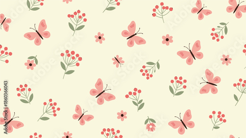 A delicate and sweet seamless pattern featuring pink butterflies, flowers, and berries on a soft cream-colored background.