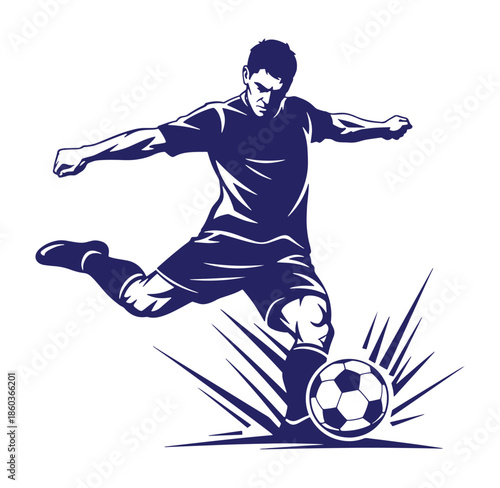 Dynamic soccer player executing a powerful kick illustrated in a bold and modern style
