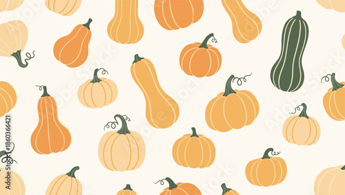 A seamless autumn pattern featuring a variety of hand-drawn pumpkins and gourds in a warm and rustic color palette.