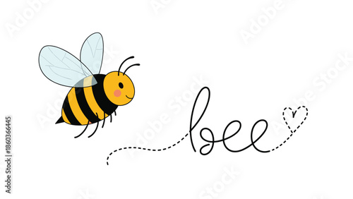 A cute cartoon bee illustration with a dotted flight path that whimsically spells out the word 'bee' and ends in a heart.