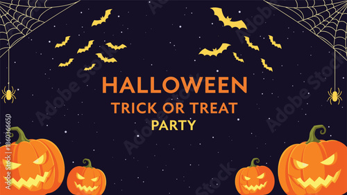 A spooky Halloween party invitation background with glowing jack-o'-lanterns, bats, and spiderwebs on a dark starry night.