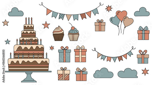 A collection of vintage-style birthday party elements including a tiered cake, gifts, cupcakes, balloons, and banners.