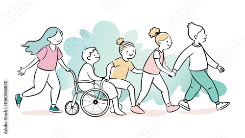 Clipart of diverse individuals with disabilities participating in a running event, showcasing inclusivity and athleticism..eps