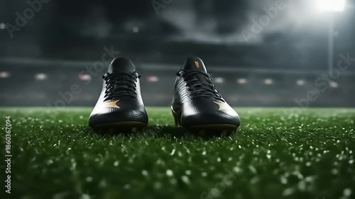 Black Football Boots on Green Grass Field.