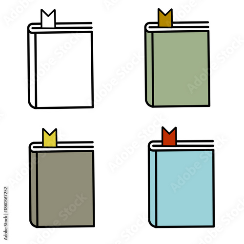 Book icons with colorful covers and bookmarks, isolated on a clean white background for design