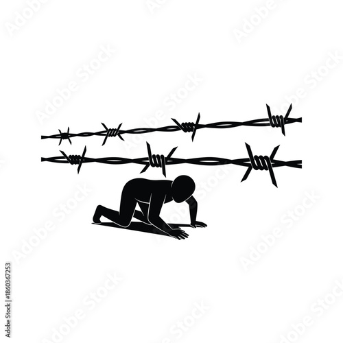 Man Crawling Under Barbed Wire Fence