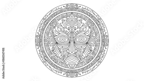 Intricate Tribal Mask Design in Circular Mandala Style.