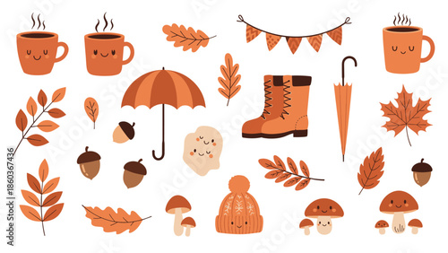 A cozy collection of cute autumn-themed doodle elements including warm mugs, fall leaves, mushrooms, and an umbrella.