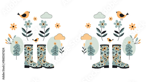 A symmetrical spring-themed composition with patterned rain boots, flowers, birds, and other cute seasonal elements.