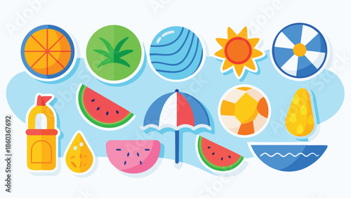 Colorful vector illustration depicting a joyful summer scene with sun, beach, and vibrant flowers..eps