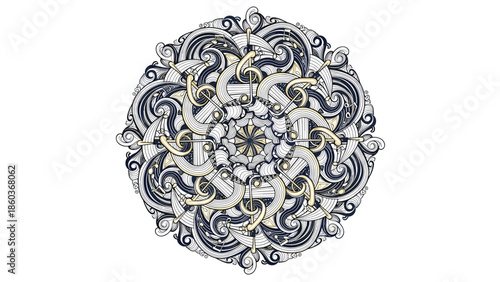 Intricate Circular Design with Silver and Gold Accents.