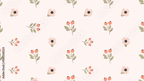 A simple and sweet seamless pattern of delicate pink flowers and sprigs of berries on a soft pastel pink background.