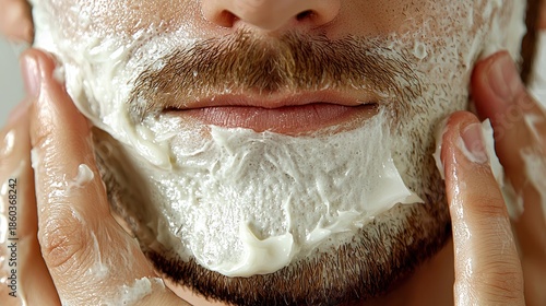 Close-up of a man applying shaving cream to his face with gentle hands for a smooth grooming routine
