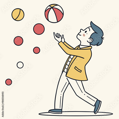 Man juggling colorful balls with focus and skill