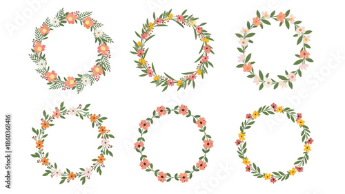A beautiful collection of six different hand-drawn floral wreaths, each with a unique arrangement of flowers and leaves.