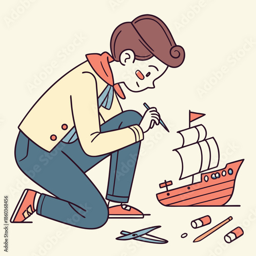 Child crafting a model ship with tools