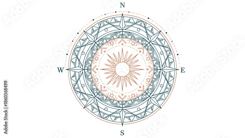 Intricate Compass Rose Design with Sunburst Center and Directional Markings.