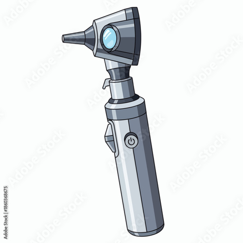 Close-up illustration of a medical otoscope with a chrome handle and a light source