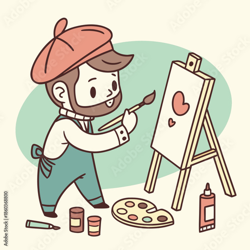 Cute artist painting hearts on a canvas