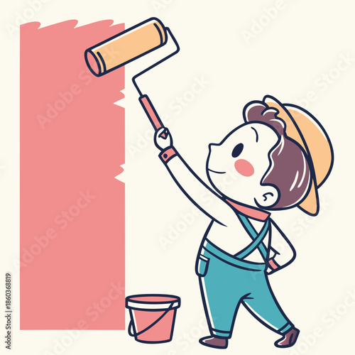 Cute boy painting a wall with roller brush