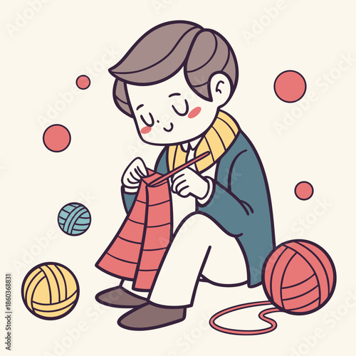 Cute boy knitting with yarn and needles