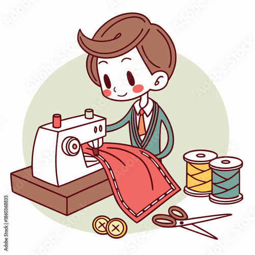 Cute boy sewing fabric with machine and supplies