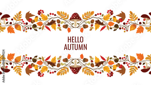 A 'Hello Autumn' greeting card design with symmetrical decorative borders of colorful fall leaves, mushrooms, and acorns.