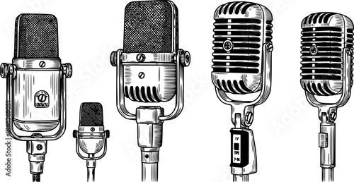 Vintage microphone illustrations in a detailed black and white line art style