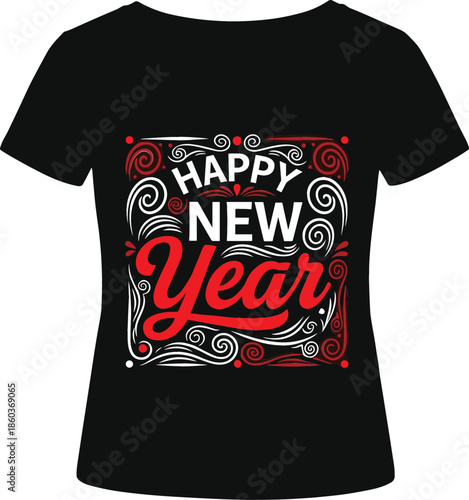Happy New Year t-shirt vector design with decorative red and white swirls and bold mixed typography elements.