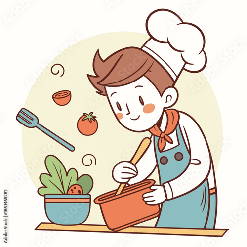 Happy Young Chef Preparing Food in Kitchen