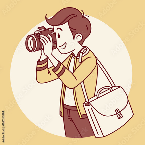 Happy young photographer with camera and bag