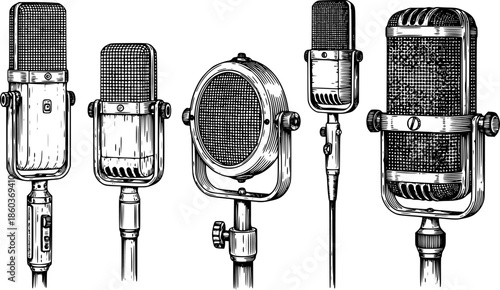 Vintage microphone illustrations in a detailed black and white line art style