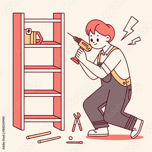 Man Assembling Shelving Unit With Drill