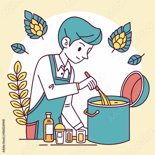 Man Brewing Beer with Hops and Ingredients