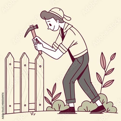 Man building a wooden fence with a hammer