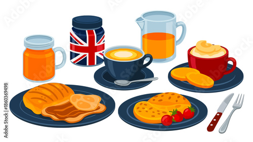 A Delicious UK breakfast featuring a full English breakfast, pastries, and orange juice