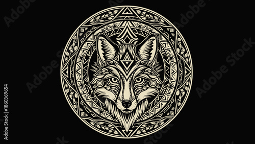 Intricate Fox Head Design with Geometric Ornamentation in Circular Frame.