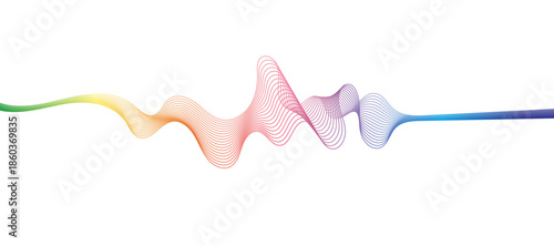 Abstract flowing wavy lines with red and blue gradient color. Digital frequency track and voice equalizer. Modern Vector background.
