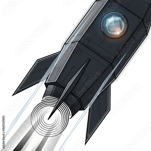 Futuristic Stylized Rocket Ship Launching into Space, Sci-Fi Illustration on Black Background