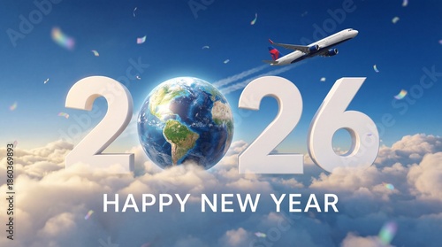 Happy New Year 2026 3D Render with Earth Globe, Flying Plane, and Confetti