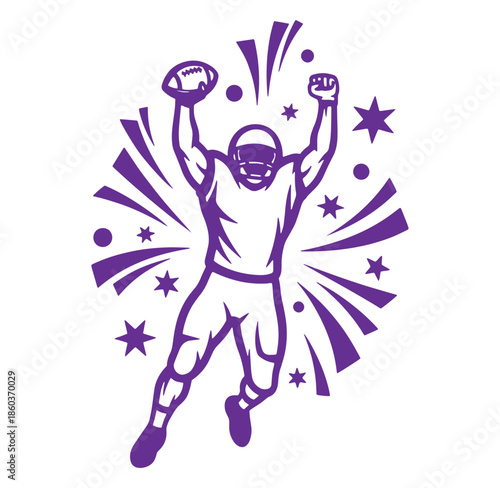 Silhouette american football player celebrating a victory holding the ball in the air