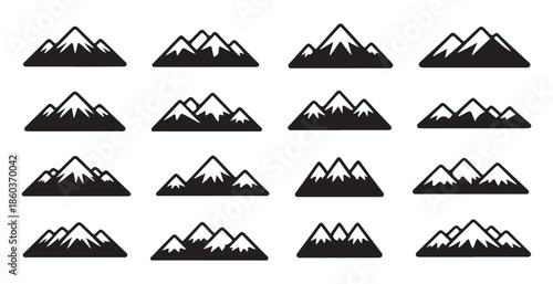 Collection twenty unique stylized black and white mountain outlines showing different rock formations and slopes
