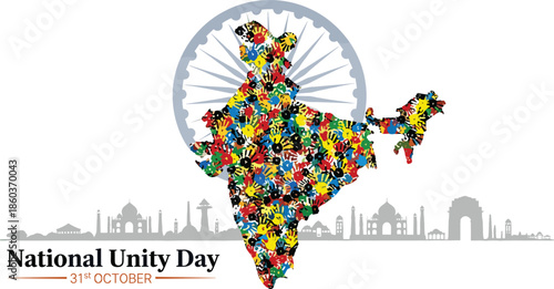 National Unity Day India vector featuring map with colorful handprints Ashoka Chakra and skyline of famous national landmarks.