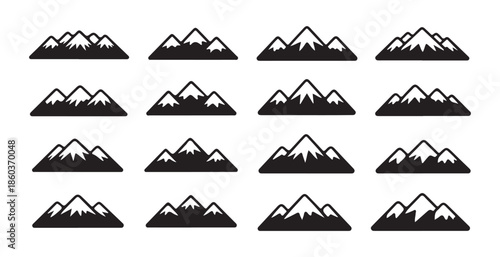 Mountain range silhouettes peak landscape adventure outdoor nature travel set minimalist vector icons